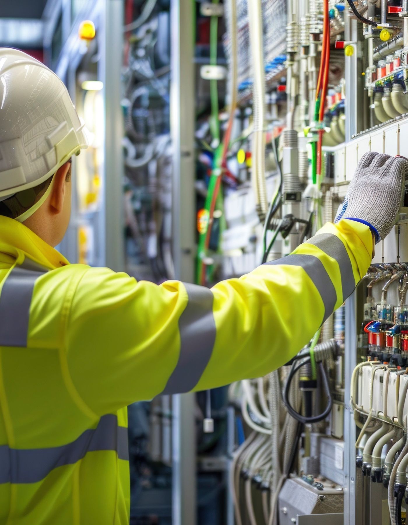 Elektriker i gul varselkläder arbetar vid industriellt kopplingsskåp