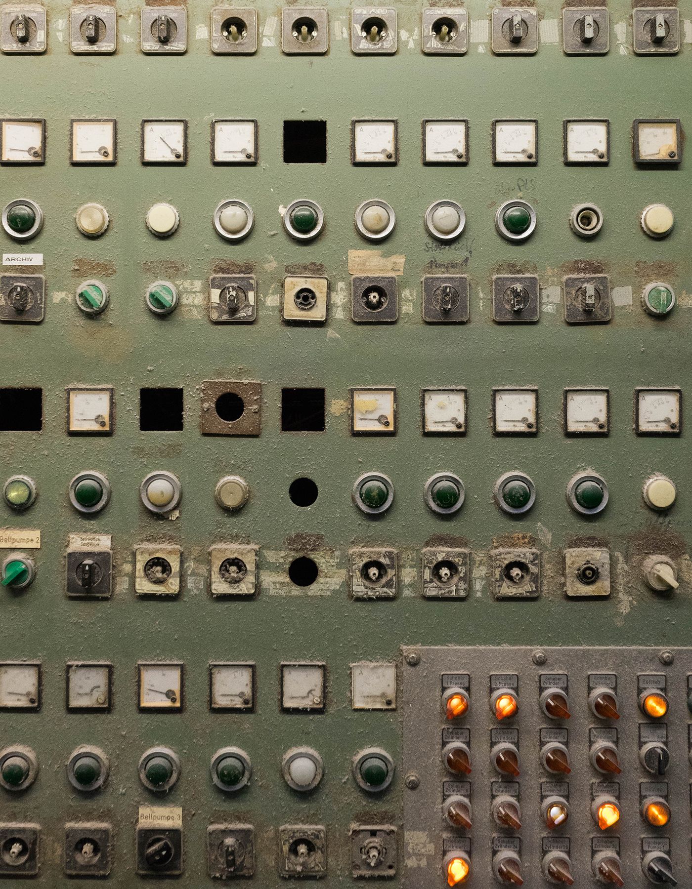 Äldre industriell kontrollpanel med mätare och vippreglage