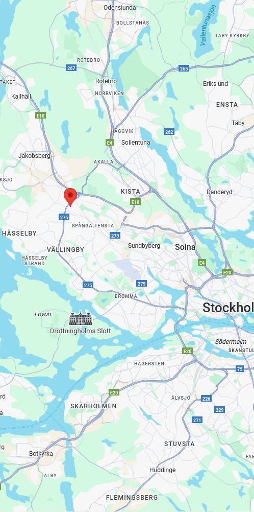 Karta över norra Stockholm med S2 Elektriska kontor markerat i Vällingby